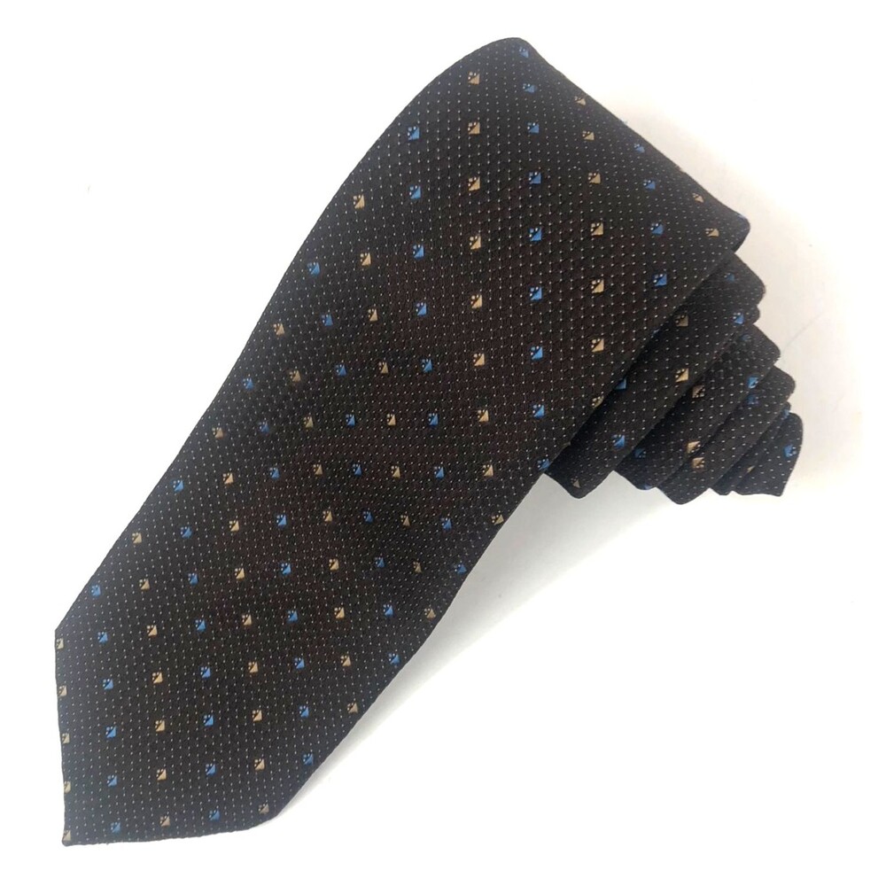 Vintage Wembley Wash 'N Wear Tie Brown Micro-Dot Blue Gold Geometric Print 3."